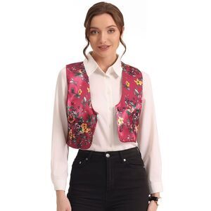 Floral Vest Button Closure Satin Waistcoat Vest Rose Red